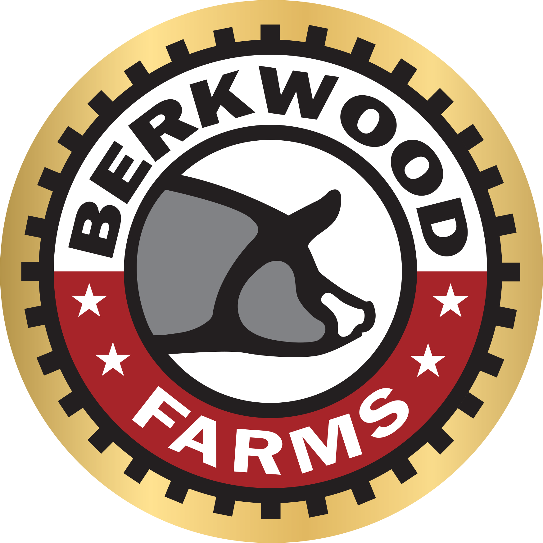 Logo Berkwood Farms logo featuring a stylized cow head, surrounded by a circular design with red and gold elements, emphasizing quality in farm products.