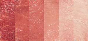 Color swatches displaying a gradient of skin tones, ranging from deep red to light peach. Each swatch showcases variations in texture and hue, ideal for reference in art, design, and cosmetic applications.