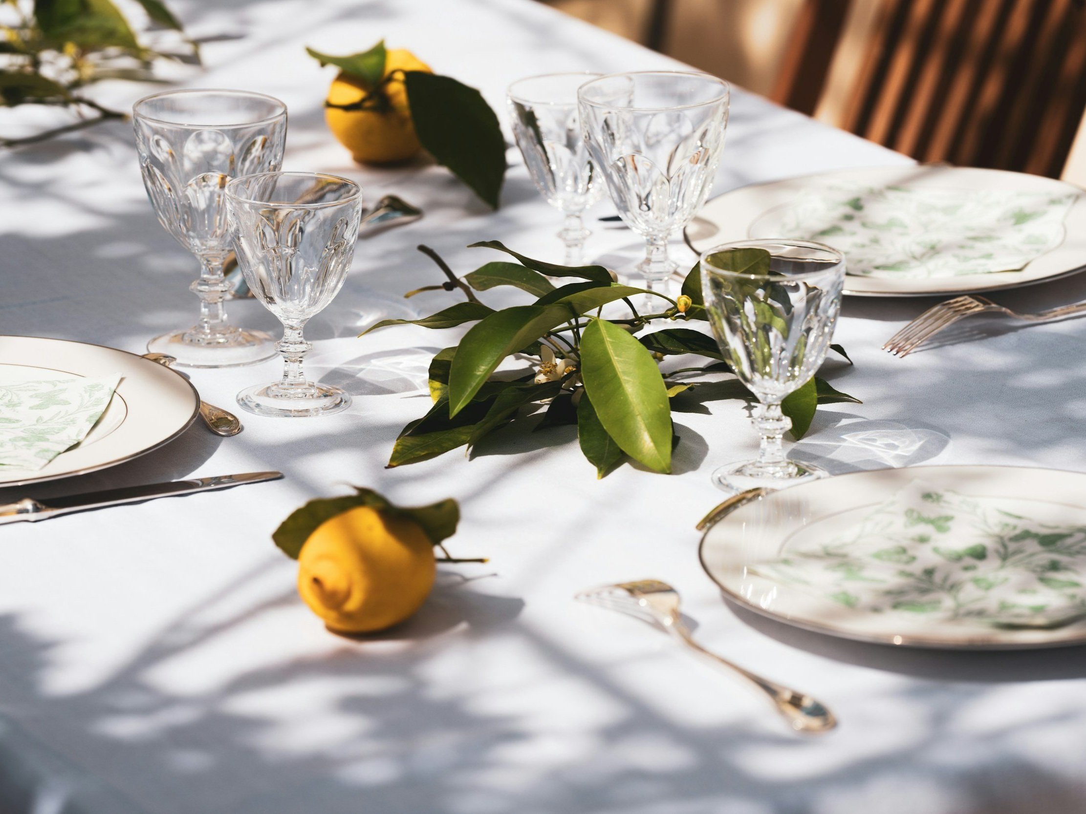 Elegant dining table set with crystal glasses, decorative plates featuring green floral patterns, and fresh lemons, surrounded by lush greenery and soft shadows, perfect for a summer gathering.